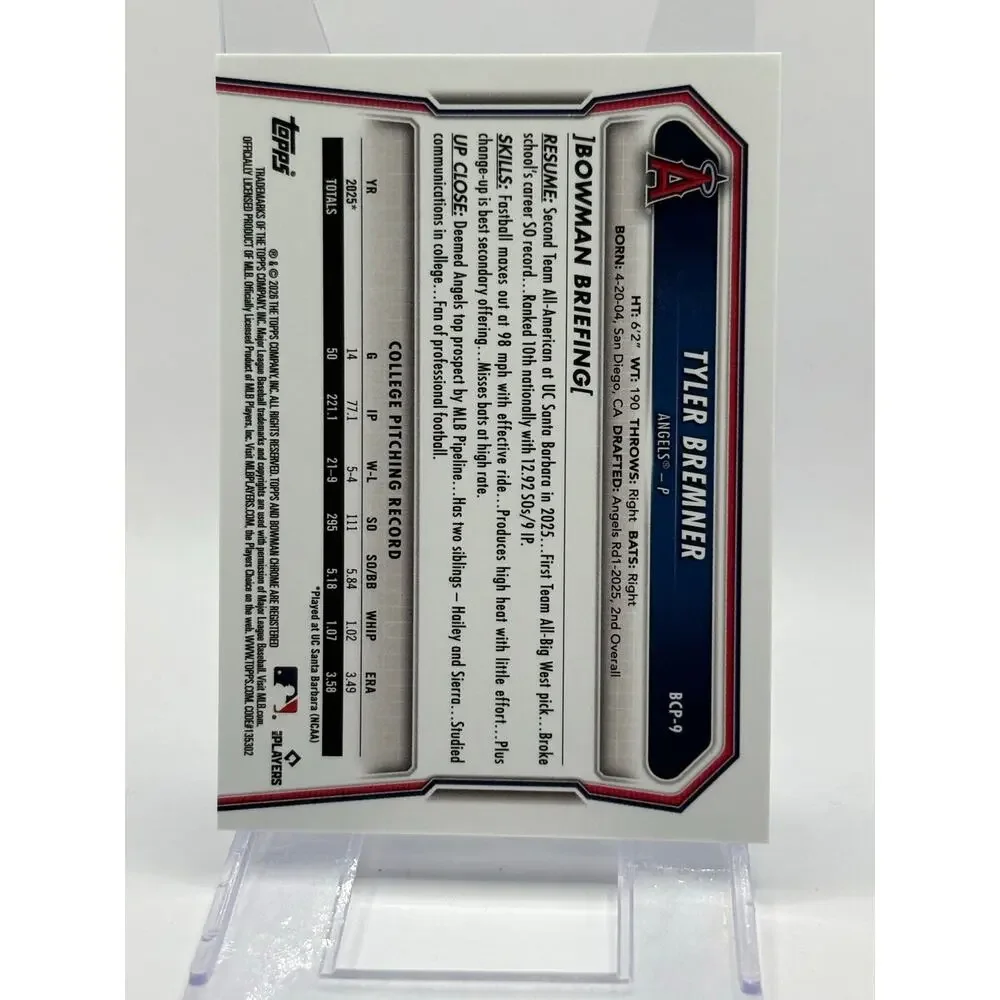 2026 Bowman Sapphire Tyler Bremner Chrome Prospect Los Angeles Angels